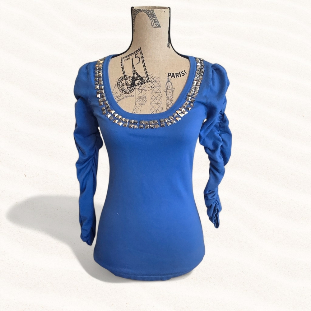 Boston Proper Embellished Ruched Sleeve Blue Top/Sweater sz XS
